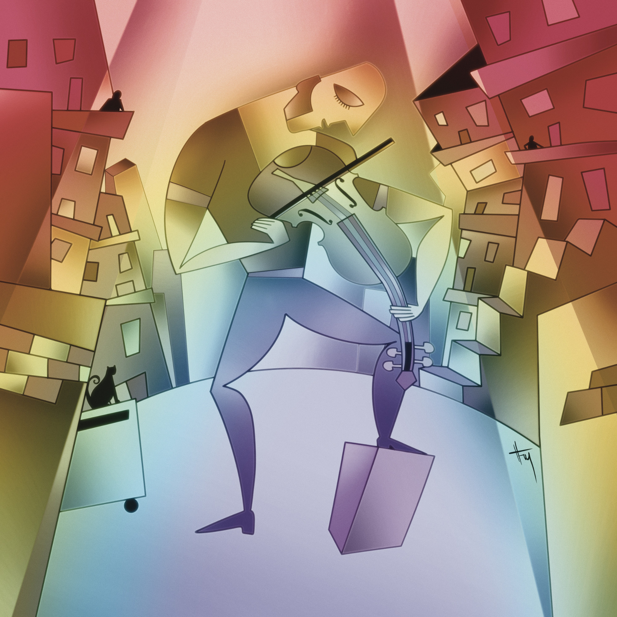 Cubist style art - Violinista - Musical instruments collection by Hakki Fenerci Art